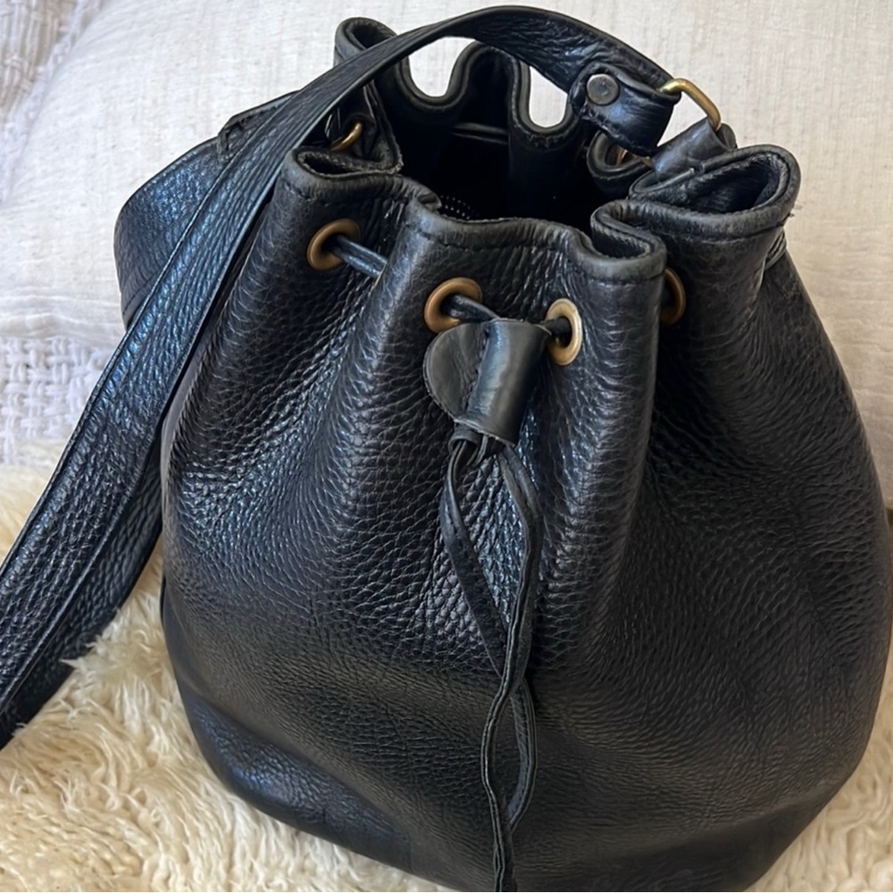 Classic Black Leather Drawstring Bucket Bag